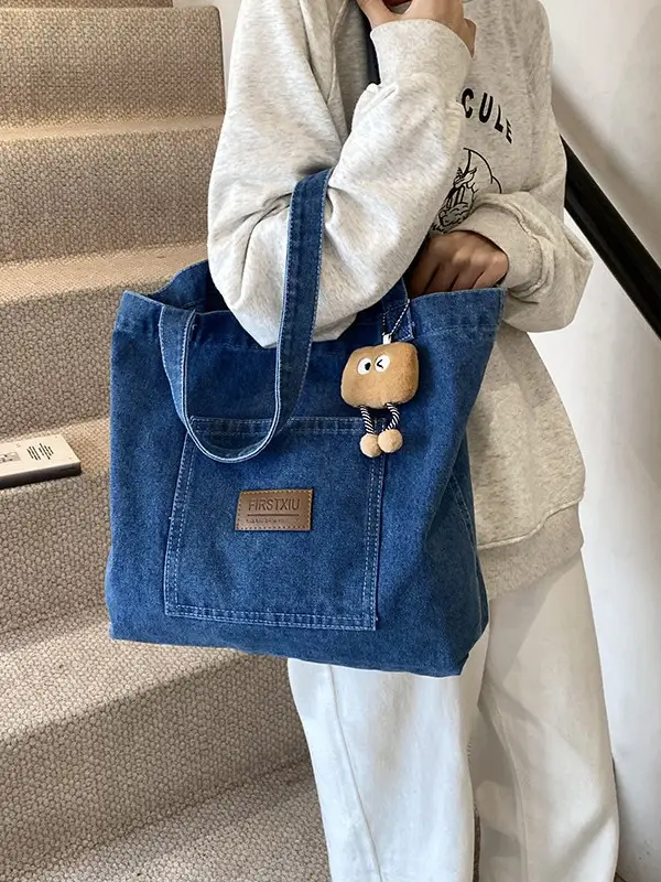 Denim Canvas Shoulder Bag Women Large Capacity Shopping Bag - Image 6