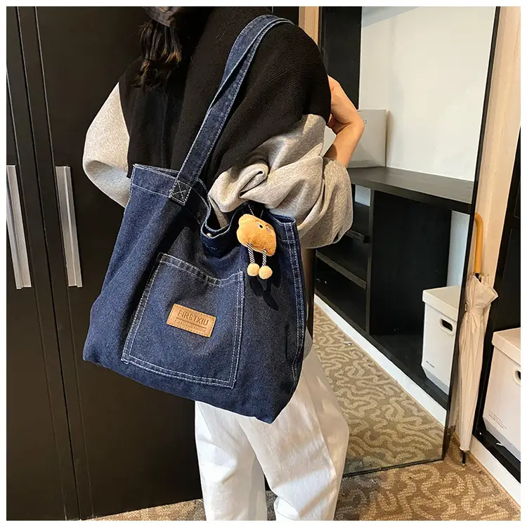 Denim Canvas Shoulder Bag Women Large Capacity Shopping Bag — feature 6