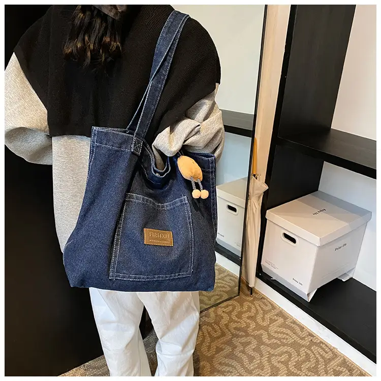 Denim Canvas Shoulder Bag Women Large Capacity Shopping Bag — feature 7