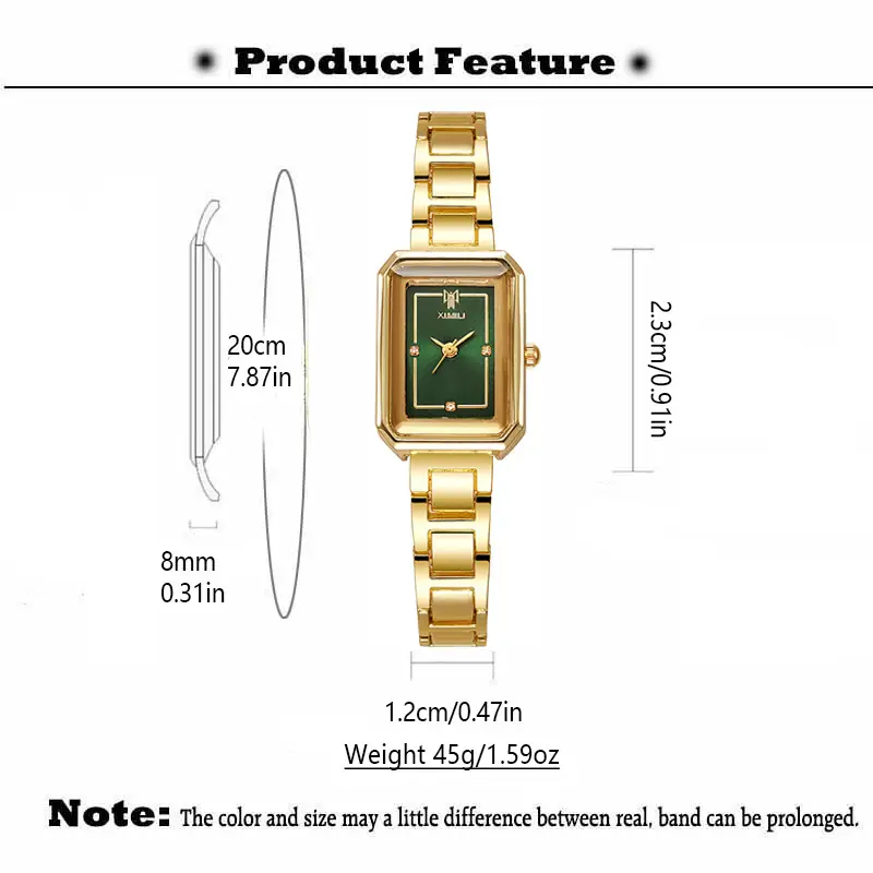 Women's Square Watch Green Quartz Steel Band — feature 1
