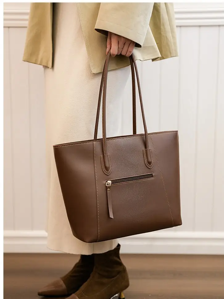 Women Large Tan Leather Tote Bag with Long Strap - Image 7
