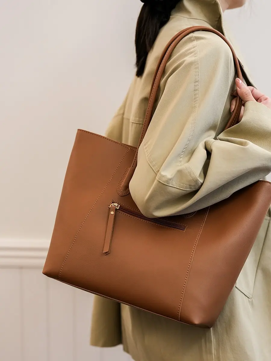 Women Large Tan Leather Tote Bag with Long Strap - Image 8