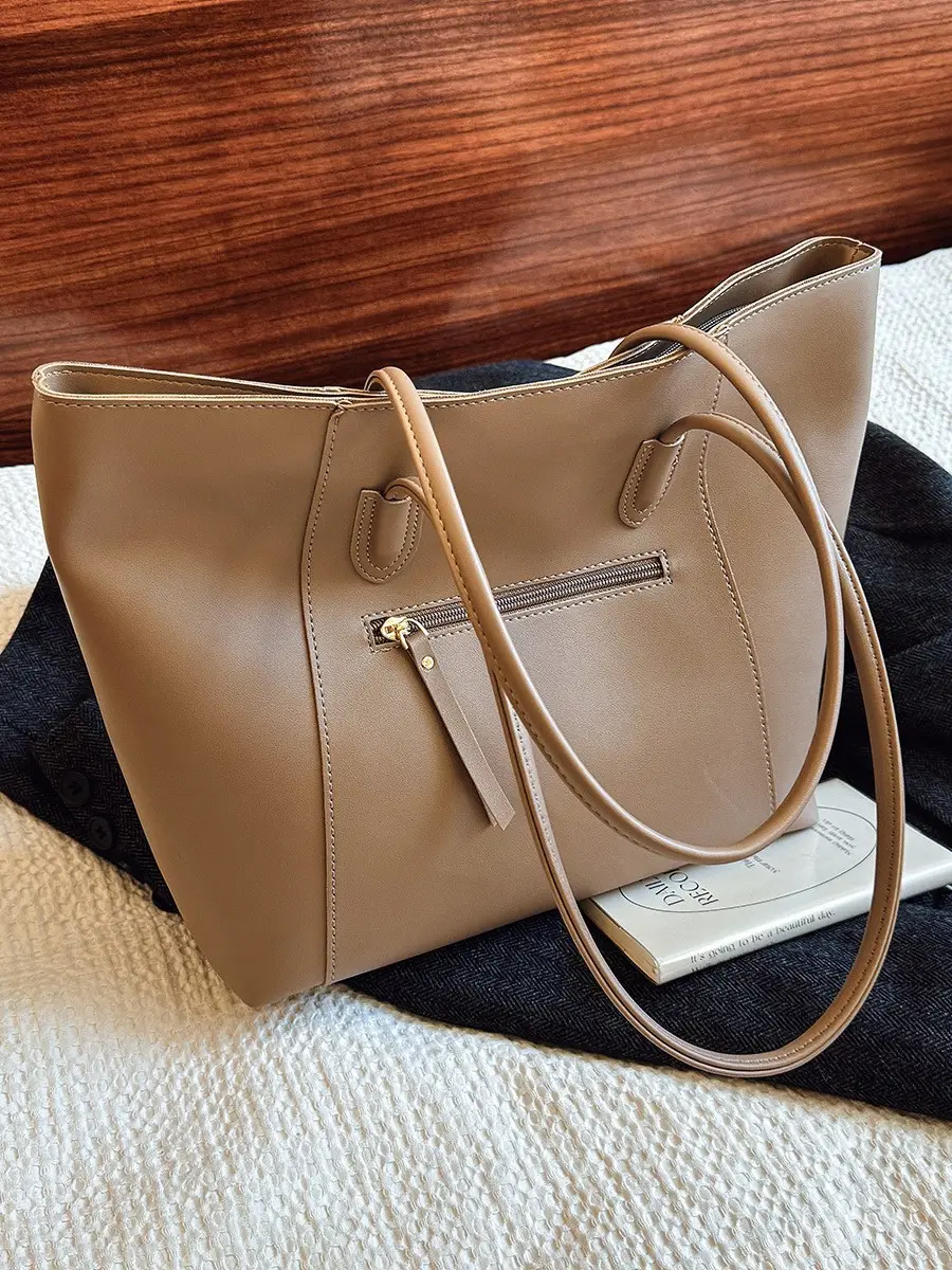 Women Large Tan Leather Tote Bag with Long Strap - Image 10