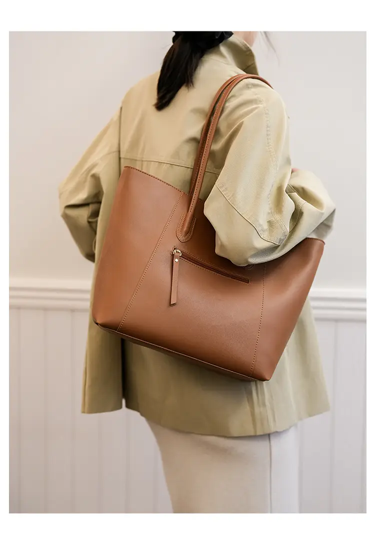 Women Large Tan Leather Tote Bag with Long Strap — feature 14