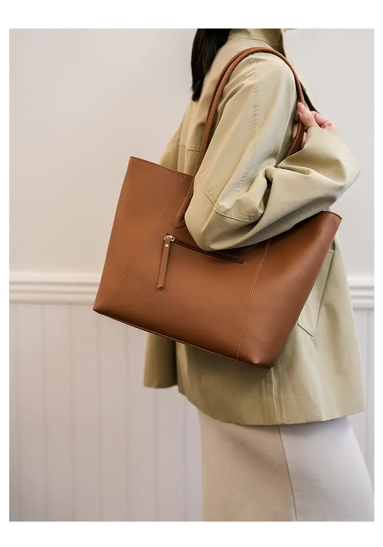 Women Large Tan Leather Tote Bag with Long Strap — feature 15