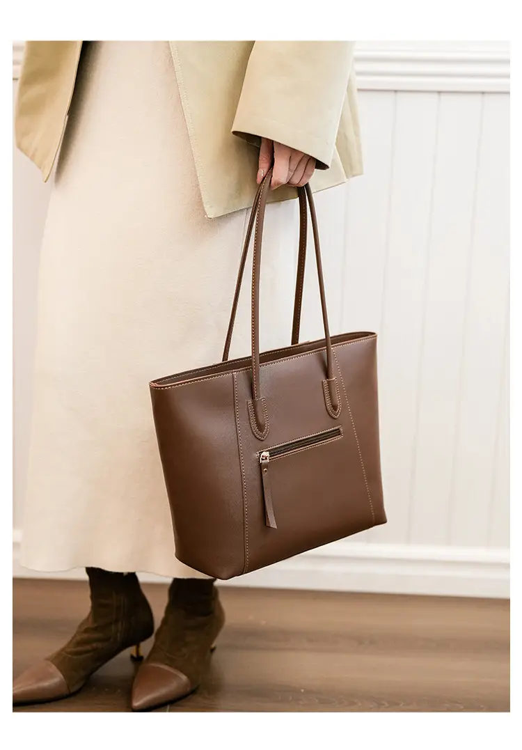Women Large Tan Leather Tote Bag with Long Strap — feature 21
