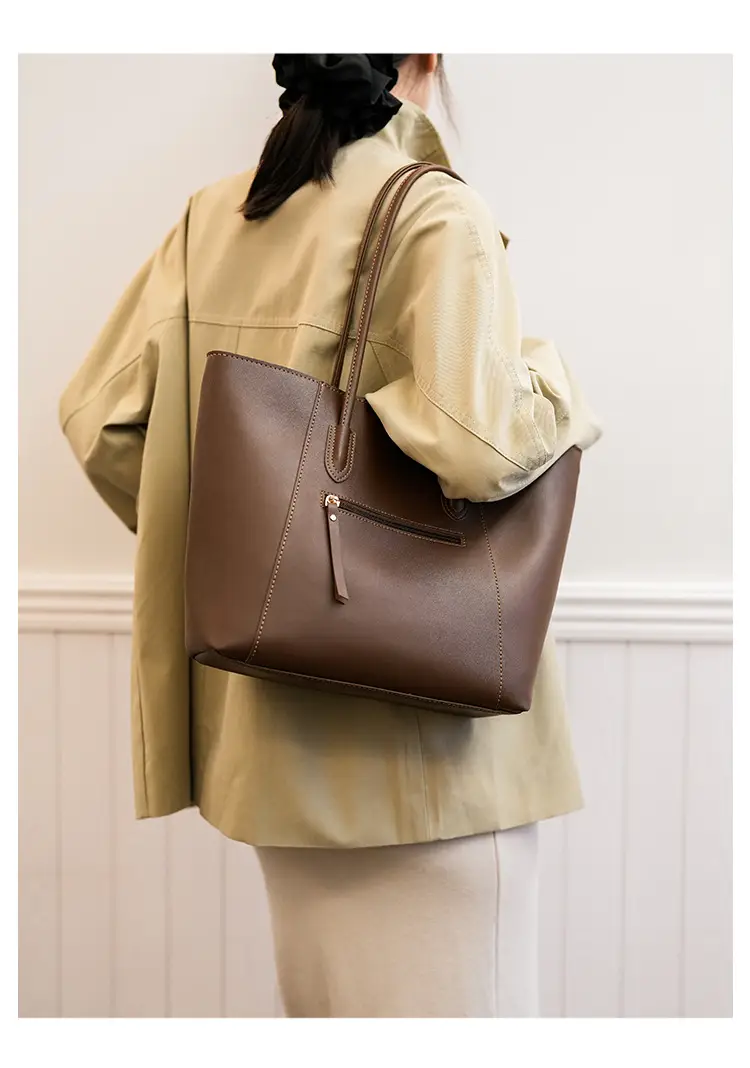 Women Large Tan Leather Tote Bag with Long Strap — feature 24