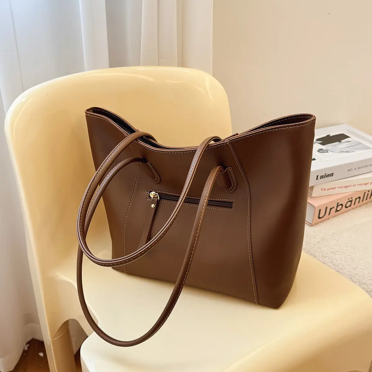 Women Large Tan Leather Tote Bag with Long Strap - Image 4