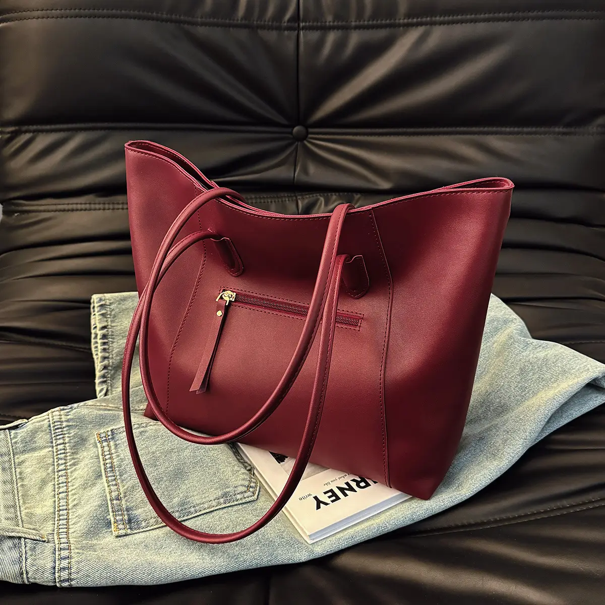 Women Large Tan Leather Tote Bag with Long Strap - Image 5
