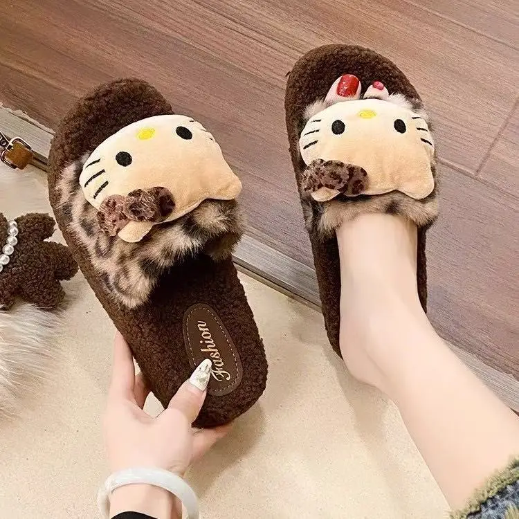 Cute Leopard Print Cat Fur Slippers for Women 2025 New Autumn and Winter Home Indoor Non-Slip Supermarket Wholesale Cotton Slippers