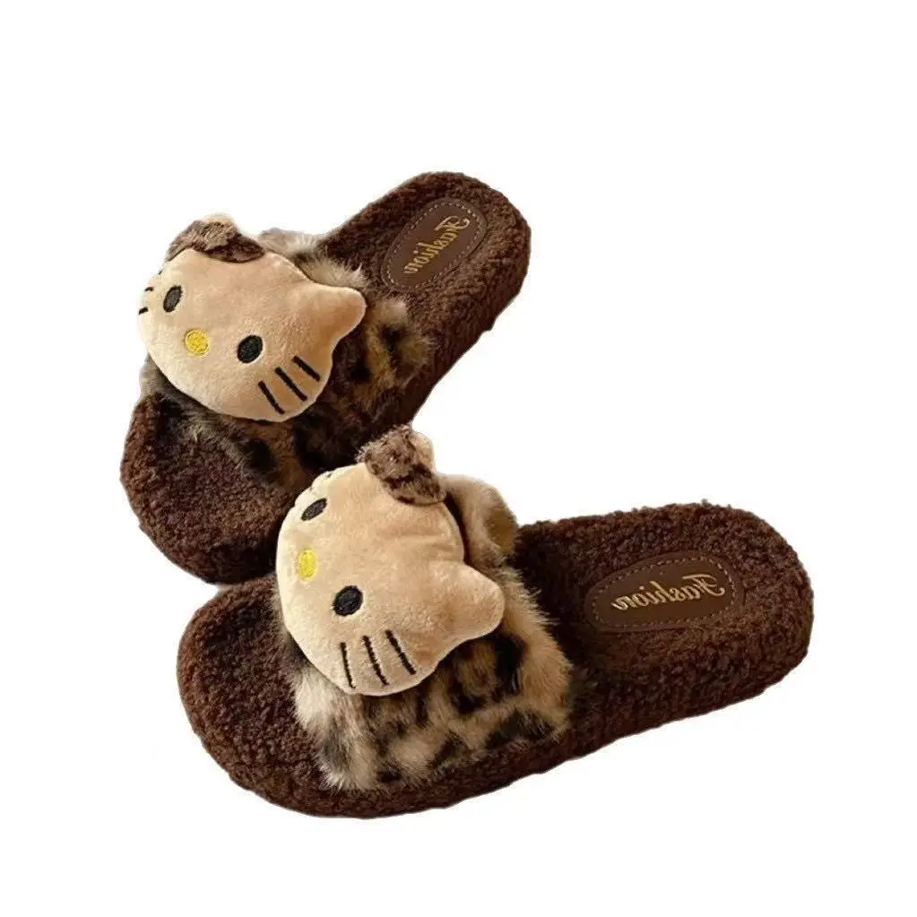 Cute Leopard Print Cat Fur Slippers for Women 2025 New Autumn and Winter Home Indoor Non-Slip Supermarket Wholesale Cotton Slippers