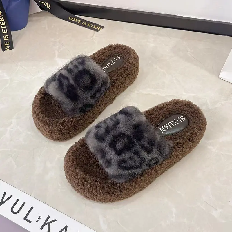 Cute Leopard Print Cat Fur Slippers for Women 2025 New Autumn and Winter Home Indoor Non-Slip Supermarket Wholesale Cotton Slippers