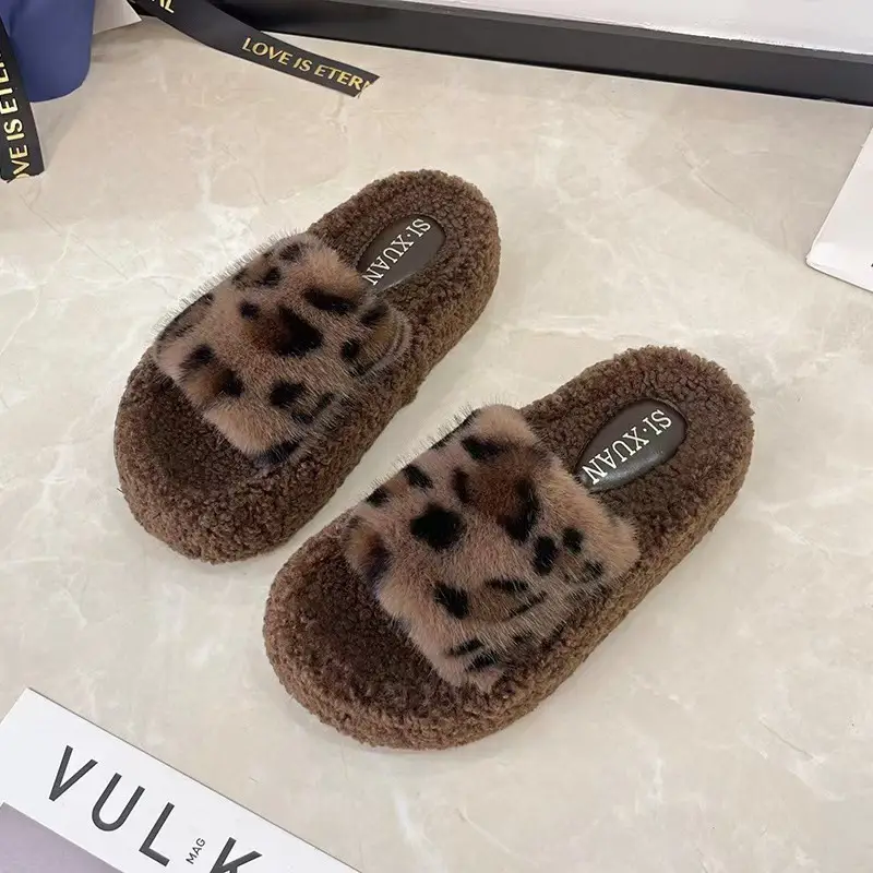 Cute Leopard Print Cat Fur Slippers for Women 2025 New Autumn and Winter Home Indoor Non-Slip Supermarket Wholesale Cotton Slippers