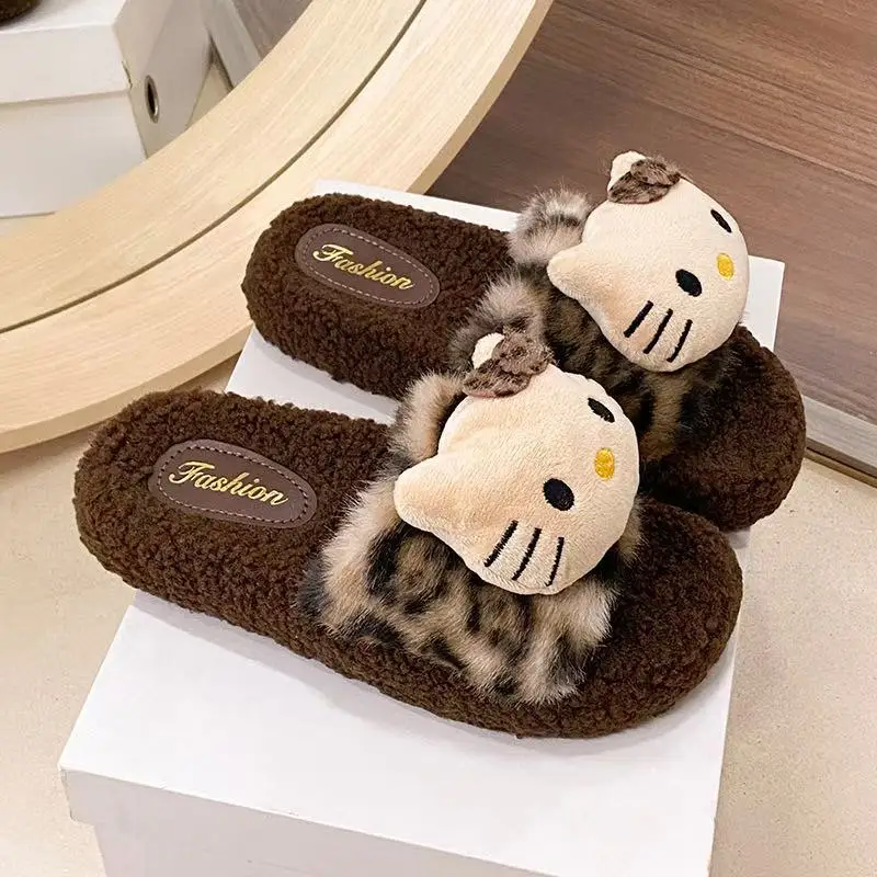 Cute Leopard Print Cat Fur Slippers for Women 2025 New Autumn and Winter Home Indoor Non-Slip Supermarket Wholesale Cotton Slippers