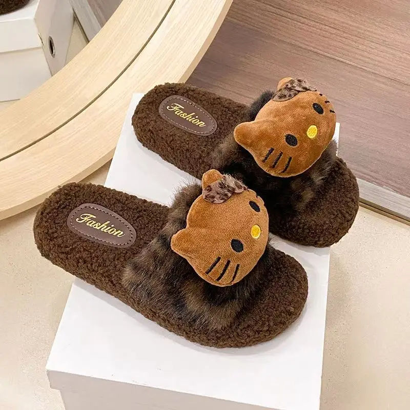Cute Leopard Print Cat Fur Slippers for Women 2025 New Autumn and Winter Home Indoor Non-Slip Supermarket Wholesale Cotton Slippers