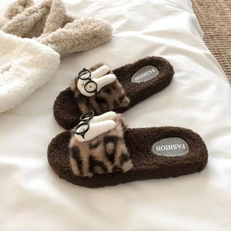 Cute Leopard Print Cat Fur Slippers for Women 2025 New Autumn and Winter Home Indoor Non-Slip Supermarket Wholesale Cotton Slippers