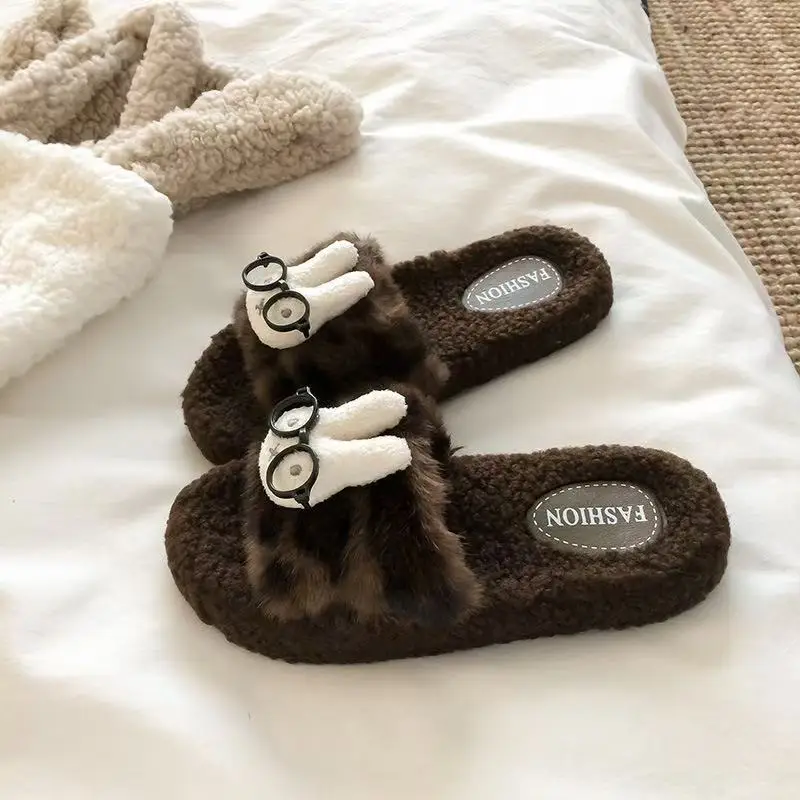 Cute Leopard Print Cat Fur Slippers for Women 2025 New Autumn and Winter Home Indoor Non-Slip Supermarket Wholesale Cotton Slippers