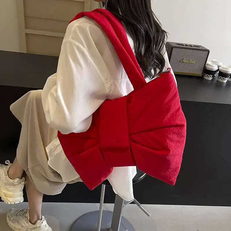 Red Bow Nylon Shoulder Bag 2024 New Style - Image 10