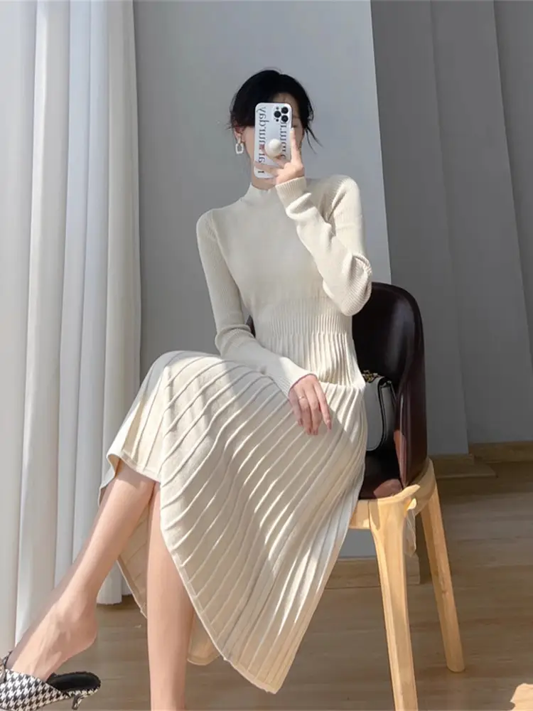 Women's Autumn and Winter Long Sleeve Small Chanel Style Knitted dress 2025 New Style with Coat Inner Base Sweater Long Skirt