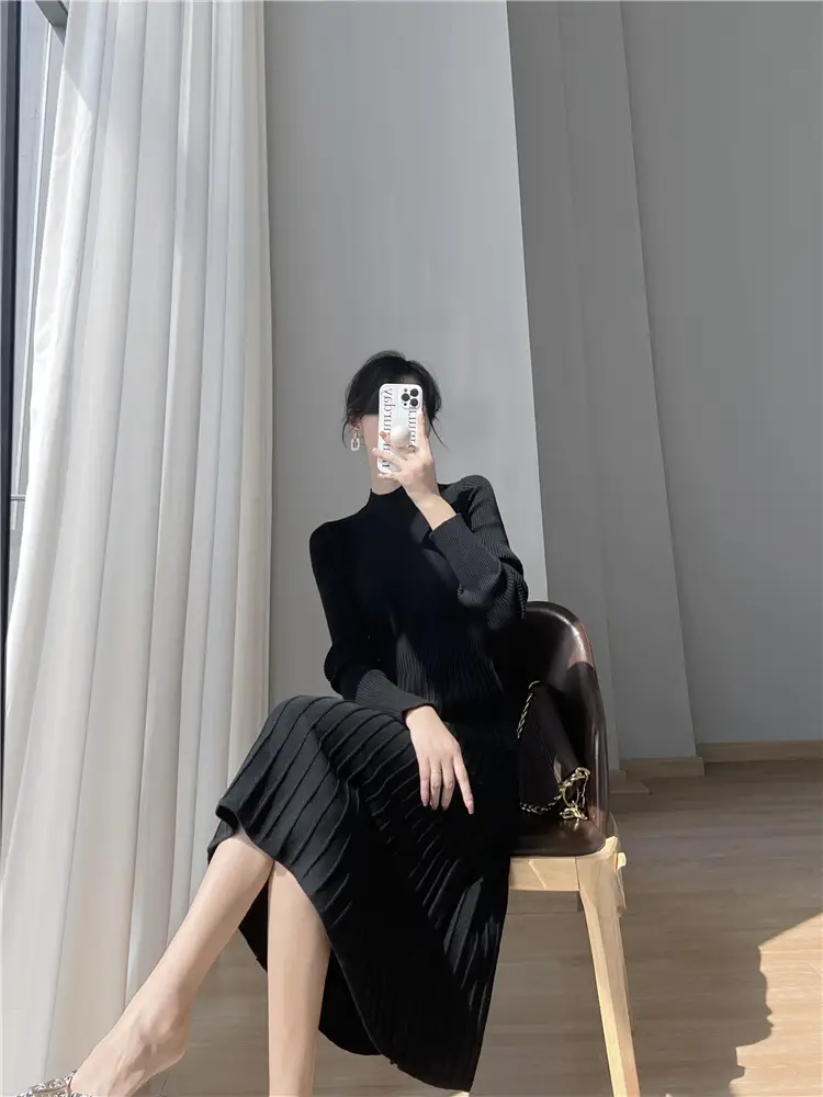 Women's Autumn and Winter Long Sleeve Small Chanel Style Knitted dress 2025 New Style with Coat Inner Base Sweater Long Skirt — feature 11