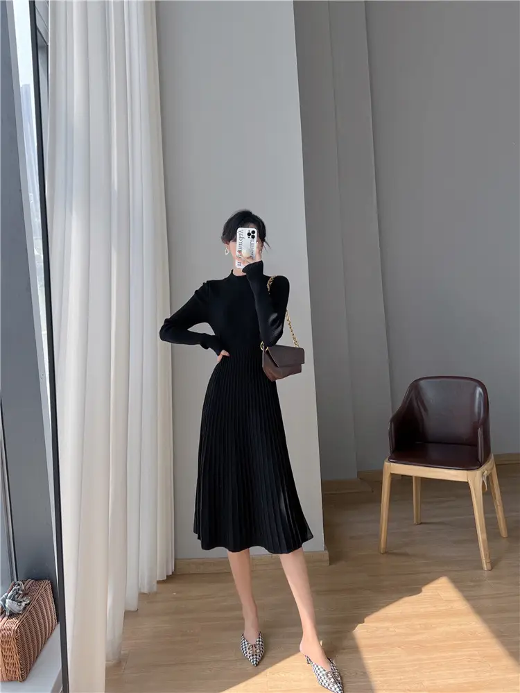 Women's Autumn and Winter Long Sleeve Small Chanel Style Knitted dress 2025 New Style with Coat Inner Base Sweater Long Skirt — feature 5