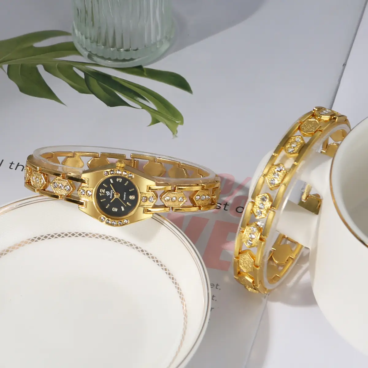 Gold Crystal Bracelet Watch Set for Women — feature 23