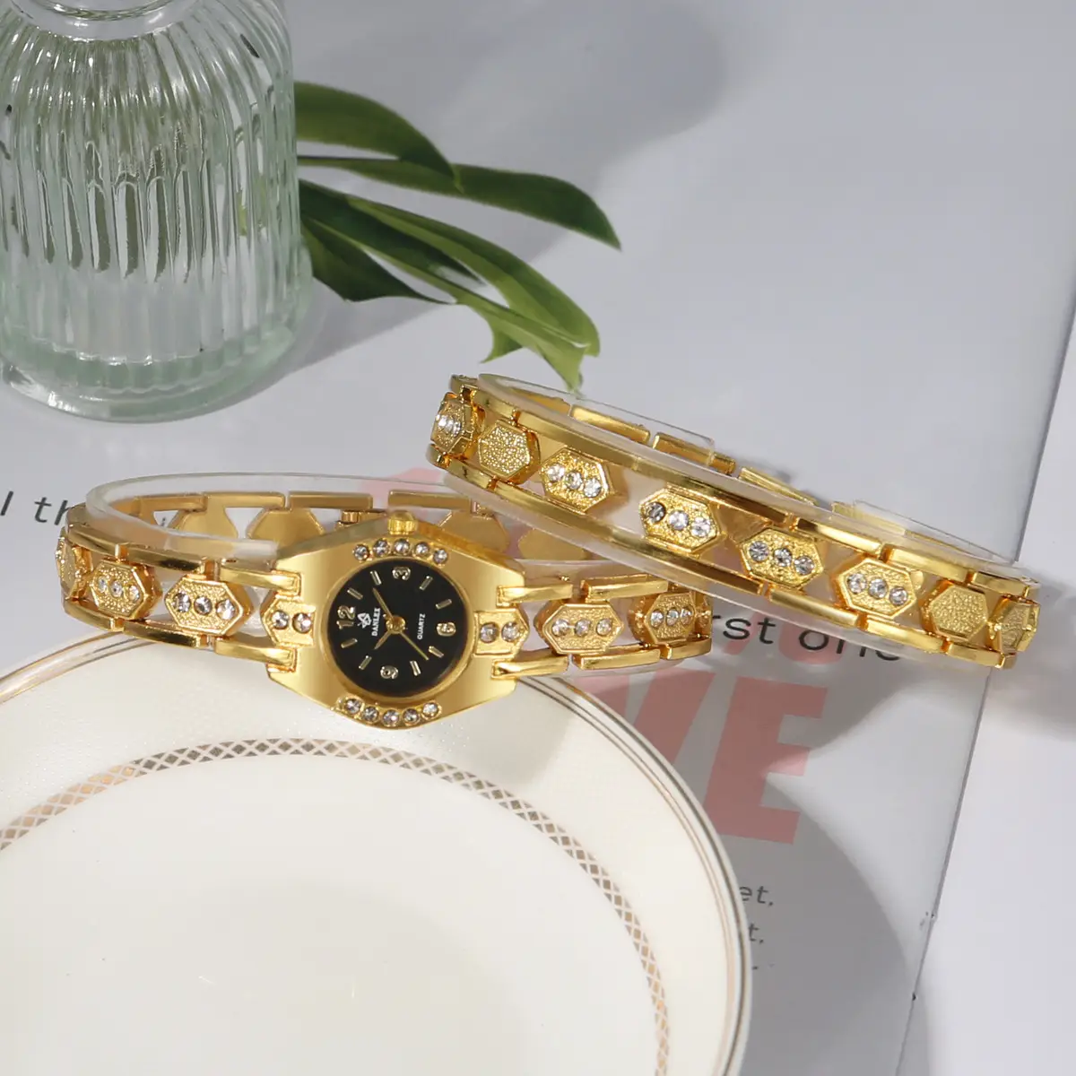 Gold Crystal Bracelet Watch Set for Women — feature 24