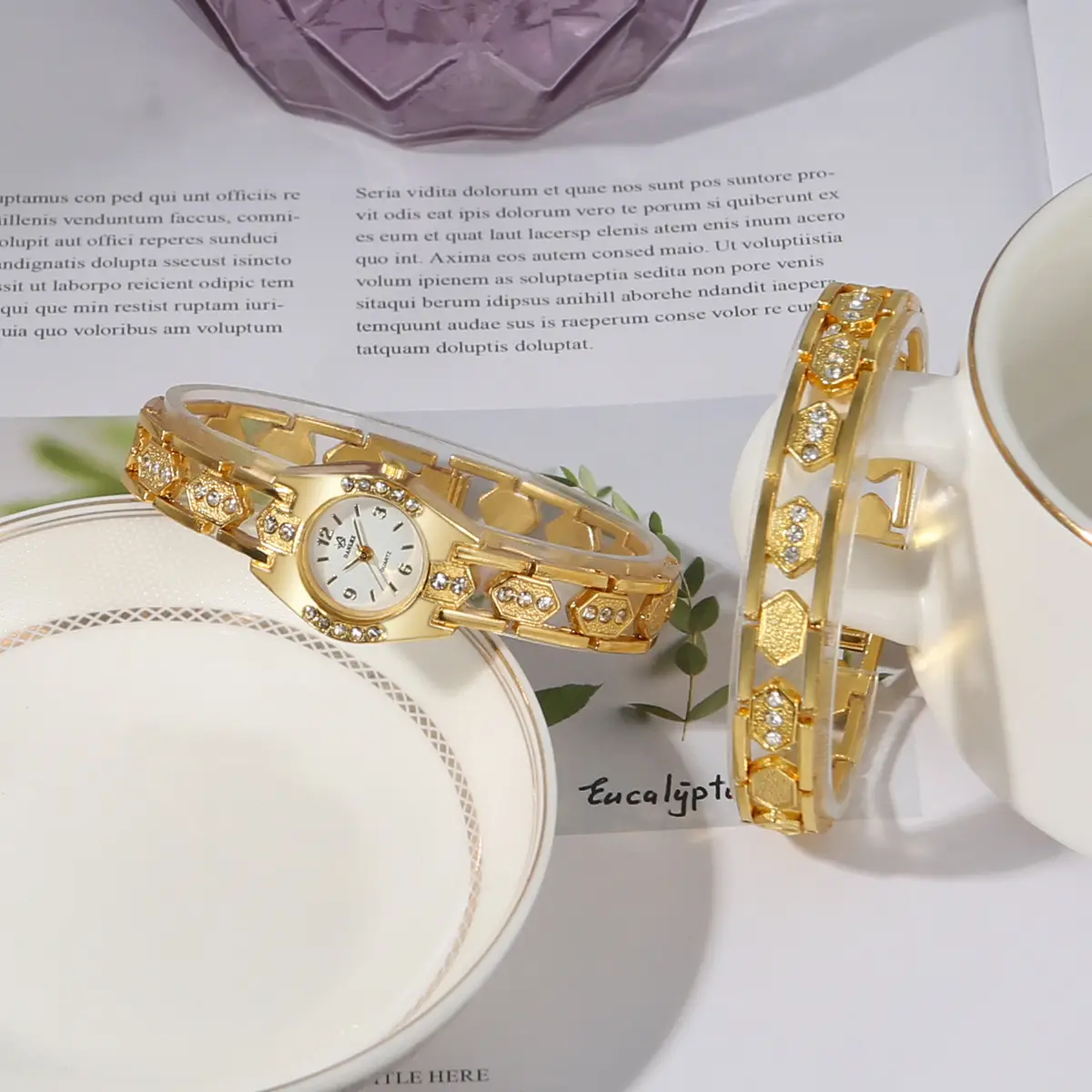 Gold Crystal Bracelet Watch Set for Women — feature 4