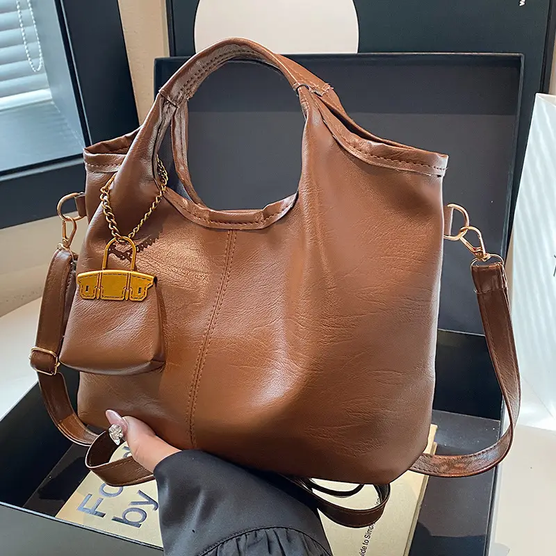 Women's Retro Leather Bucket Bag Brown 2024