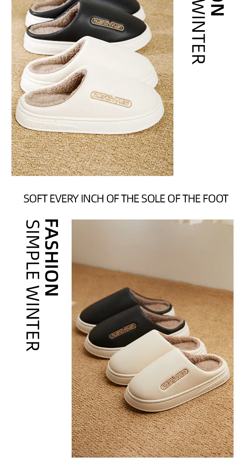 Waterproof Cotton Slippers Women's Winter Indoor Home Simple Warm fleece-lined Couple's Baotou Slippers Men's Thick Bottom Outer Wear — feature 12