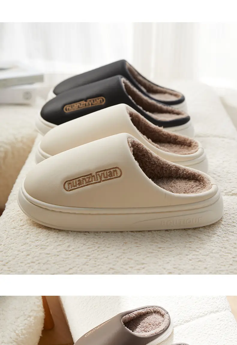 Waterproof Cotton Slippers Women's Winter Indoor Home Simple Warm fleece-lined Couple's Baotou Slippers Men's Thick Bottom Outer Wear — feature 13