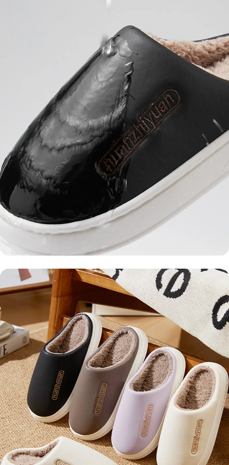 Waterproof Cotton Slippers Women's Winter Indoor Home Simple Warm fleece-lined Couple's Baotou Slippers Men's Thick Bottom Outer Wear — feature 7