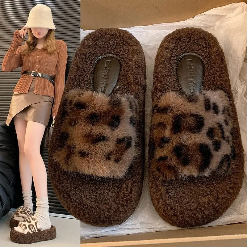 Leopard Print Thick-Soled Furry Slippers for Women Fashionable Outer Wear 2025 New Autumn and Winter Fashion Home Cross-Border Cotton Slippers Wholesale