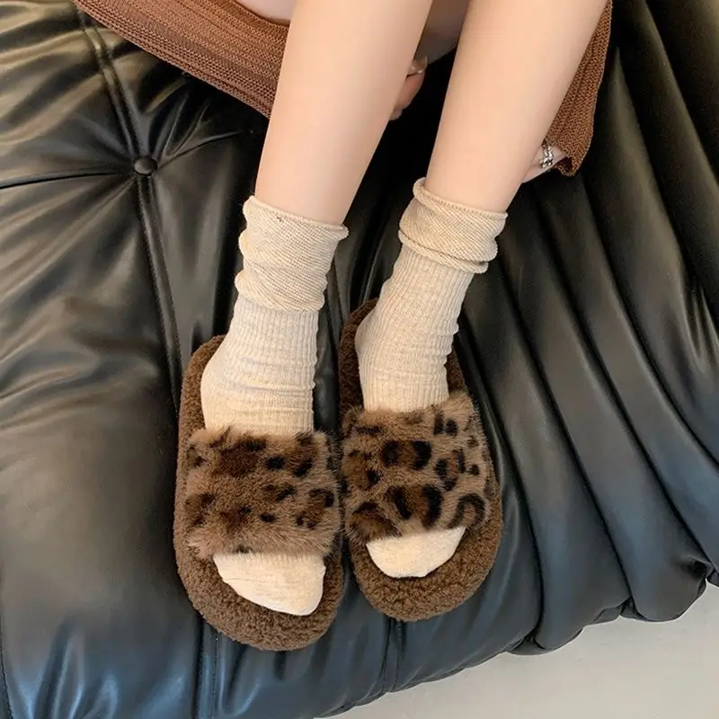 Leopard Print Thick-Soled Furry Slippers for Women Fashionable Outer Wear 2025 New Autumn and Winter Fashion Home Cross-Border Cotton Slippers Wholesale
