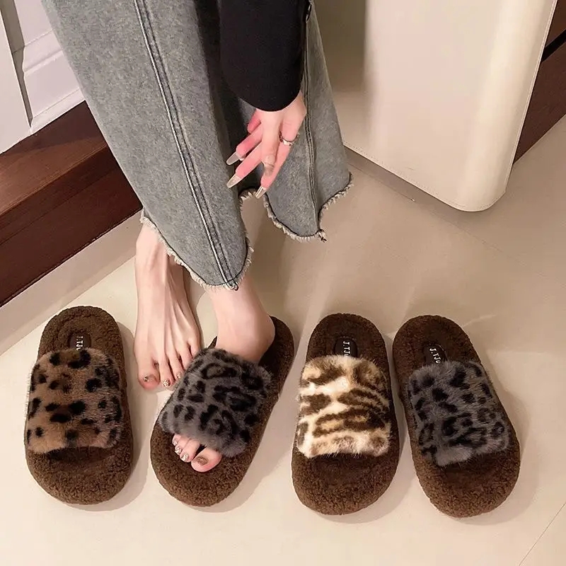 Leopard Print Thick-Soled Furry Slippers for Women Fashionable Outer Wear 2025 New Autumn and Winter Fashion Home Cross-Border Cotton Slippers Wholesale