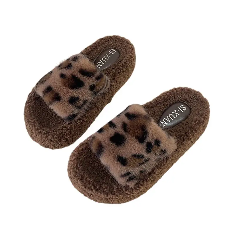 Leopard Print Thick-Soled Furry Slippers for Women Fashionable Outer Wear 2025 New Autumn and Winter Fashion Home Cross-Border Cotton Slippers Wholesale