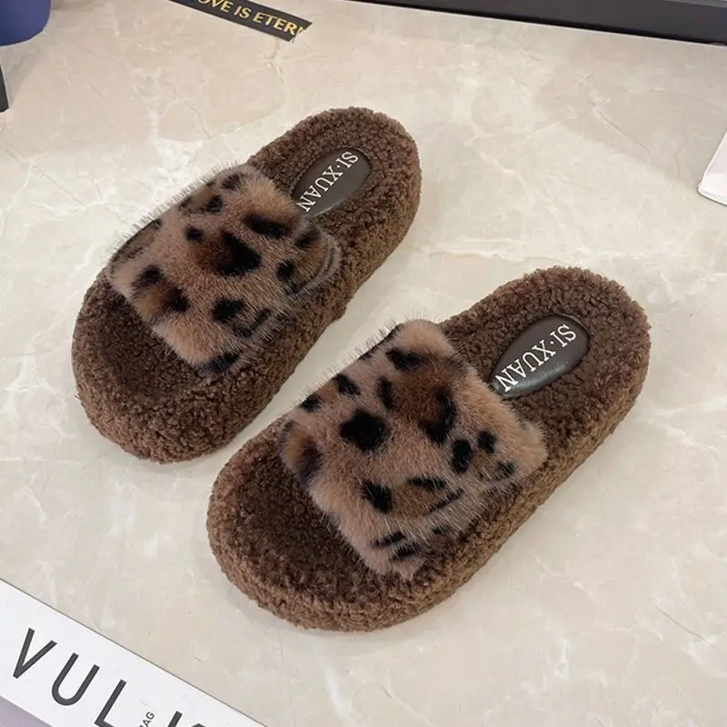 Leopard Print Thick-Soled Furry Slippers for Women Fashionable Outer Wear 2025 New Autumn and Winter Fashion Home Cross-Border Cotton Slippers Wholesale