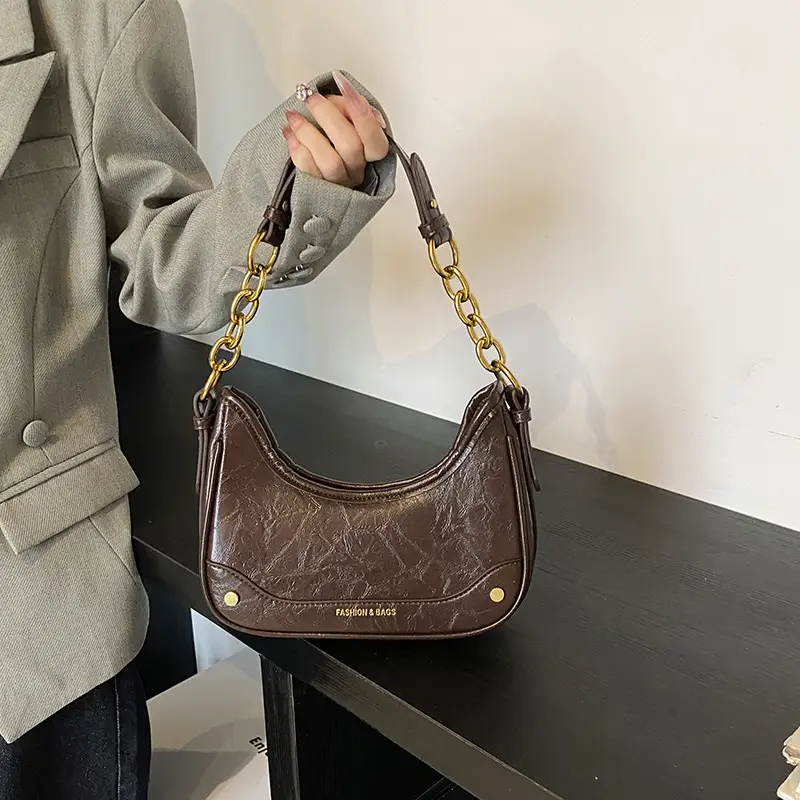 Women's Brown Croc Leather Chain Shoulder Bag - Image 6