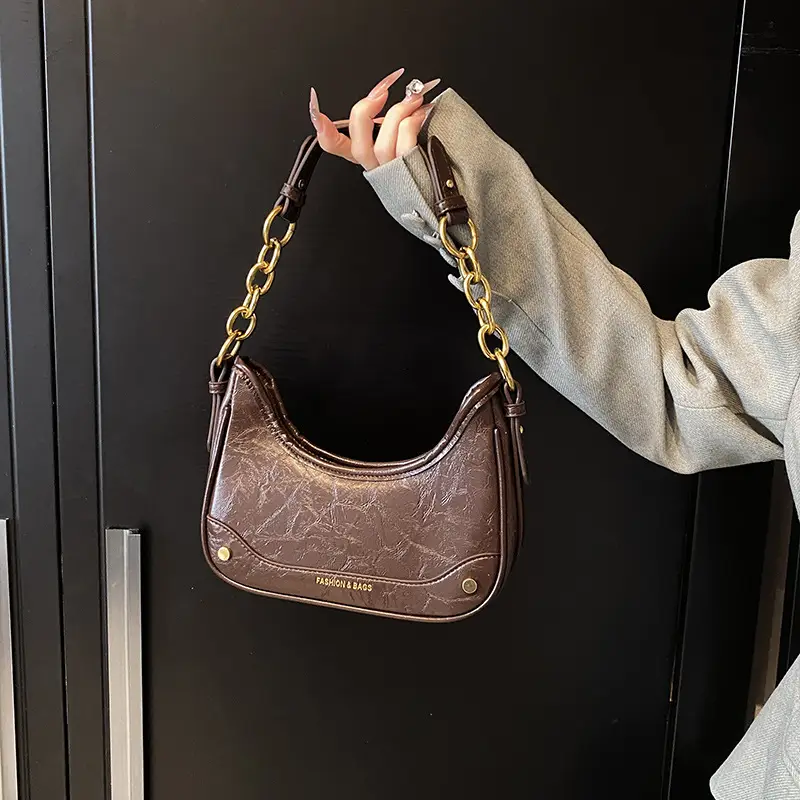 Women's Brown Croc Leather Chain Shoulder Bag - Image 7