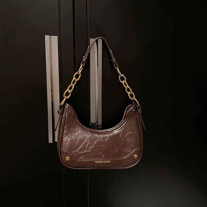 Women's Brown Croc Leather Chain Shoulder Bag - Image 9