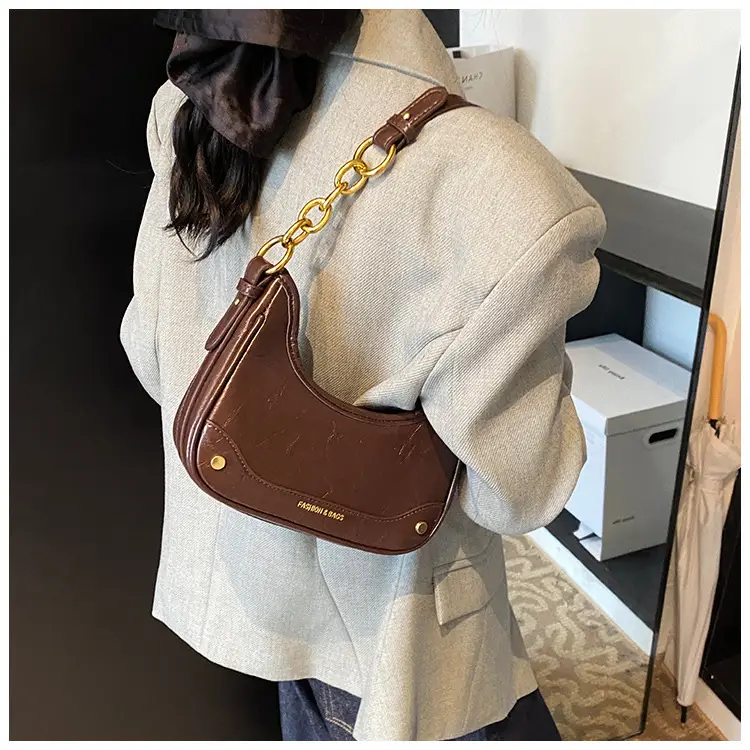 Women's Brown Croc Leather Chain Shoulder Bag — feature 16