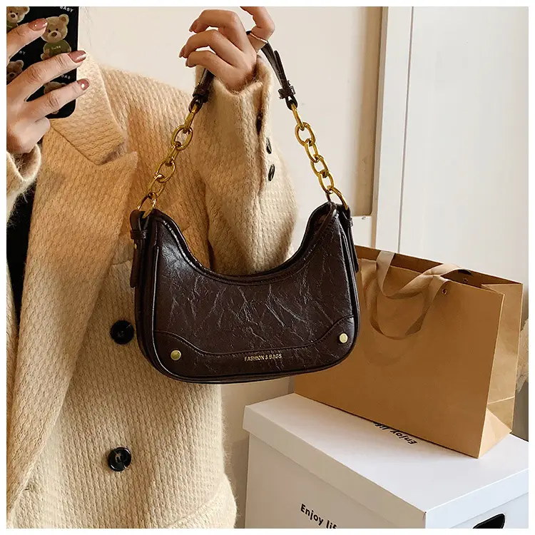 Women's Brown Croc Leather Chain Shoulder Bag — feature 17