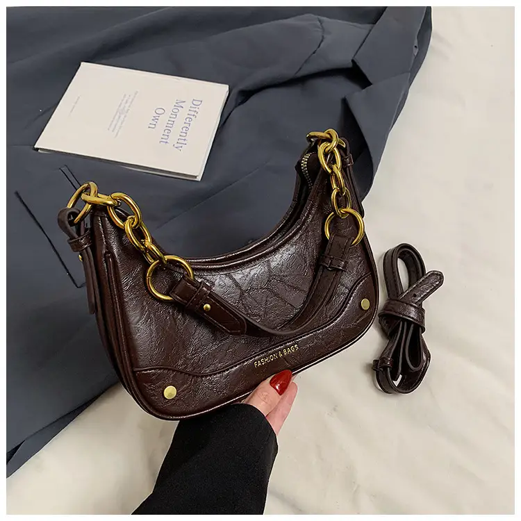 Women's Brown Croc Leather Chain Shoulder Bag — feature 23