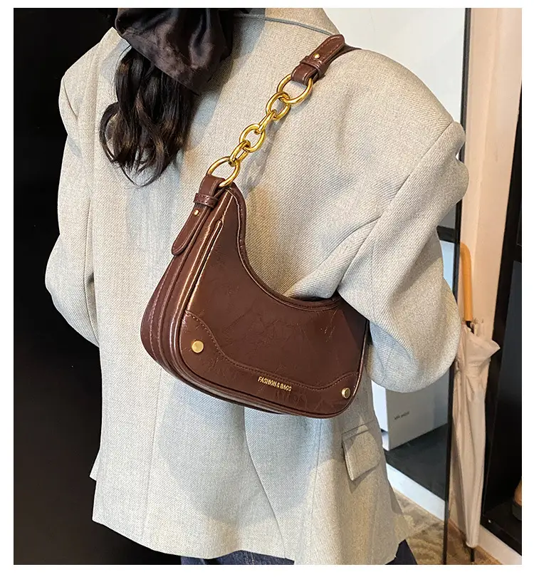Women's Brown Croc Leather Chain Shoulder Bag — feature 3