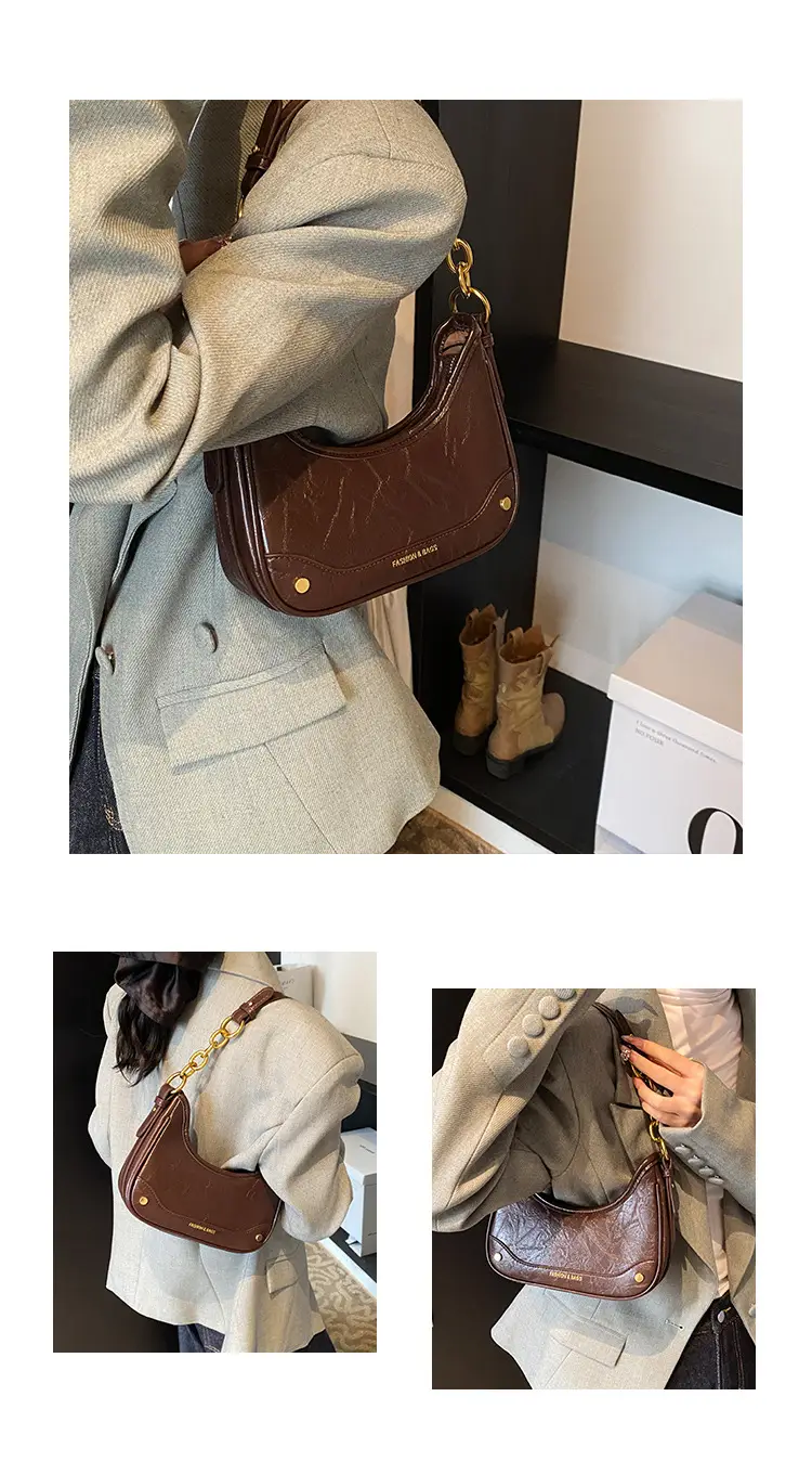 Women's Brown Croc Leather Chain Shoulder Bag — feature 9