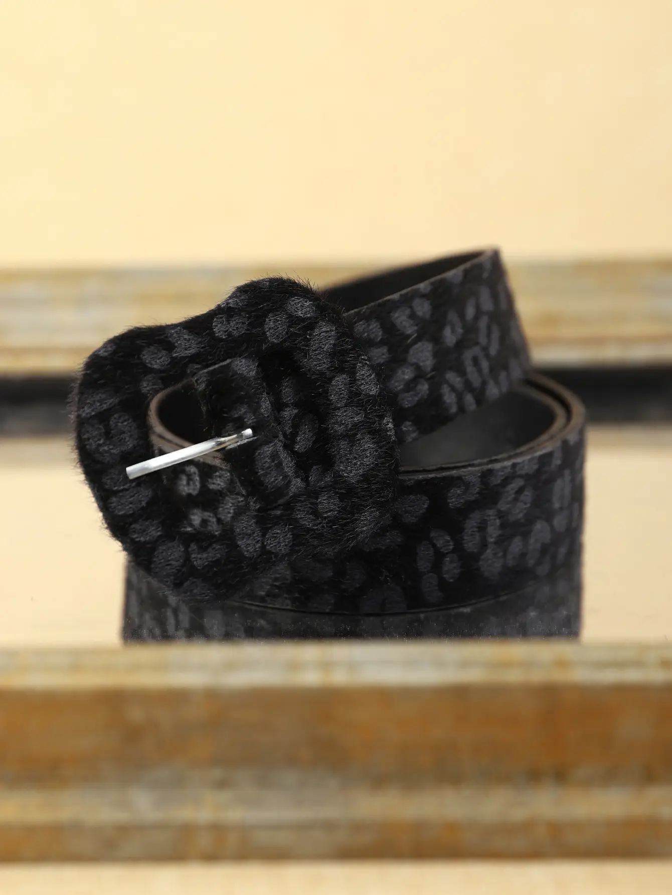 New Winter Women's Black Faux Fur Covert Top with Leopard Belt — feature 26