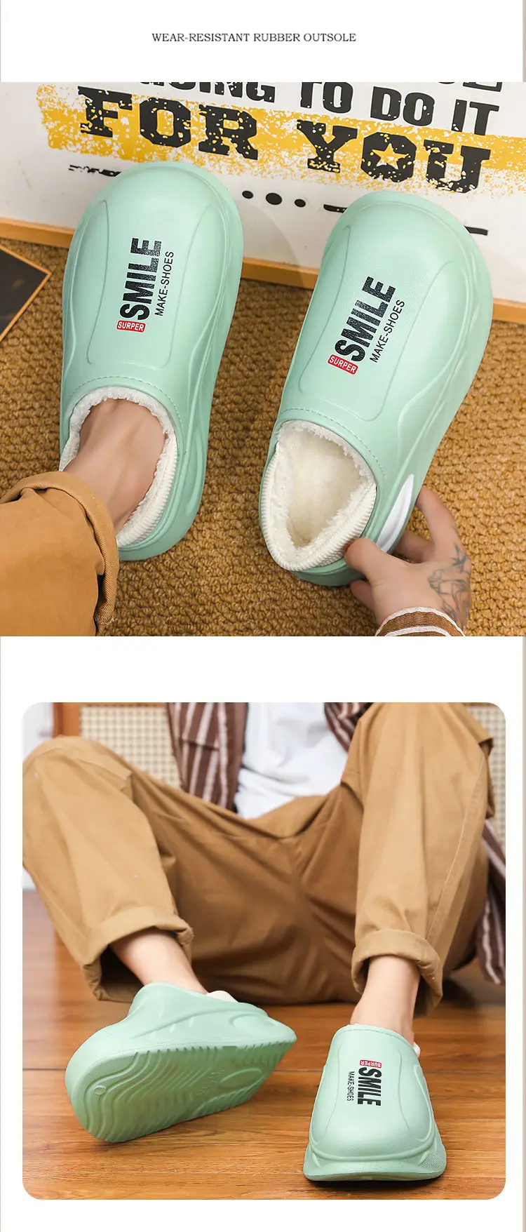 Northeast Cotton Slippers Men Green Fleece Lined Winter — feature 12