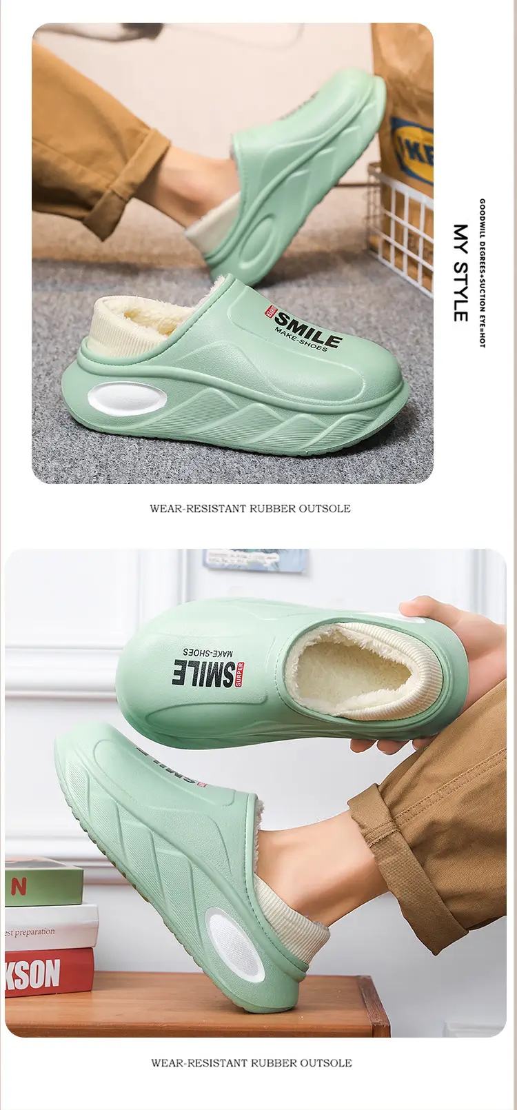 Northeast Cotton Slippers Men Green Fleece Lined Winter — feature 13