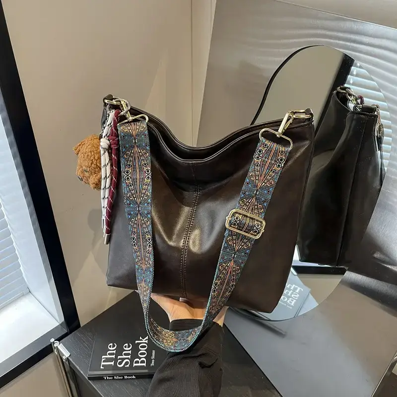Women's Wax Leather Large Bag with Crossbody Strap - Image 6