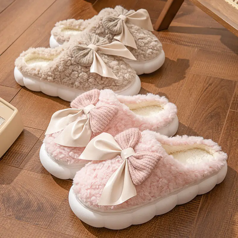 Women's Double Pin Bow Cotton Slippers Winter Warm - Image 5